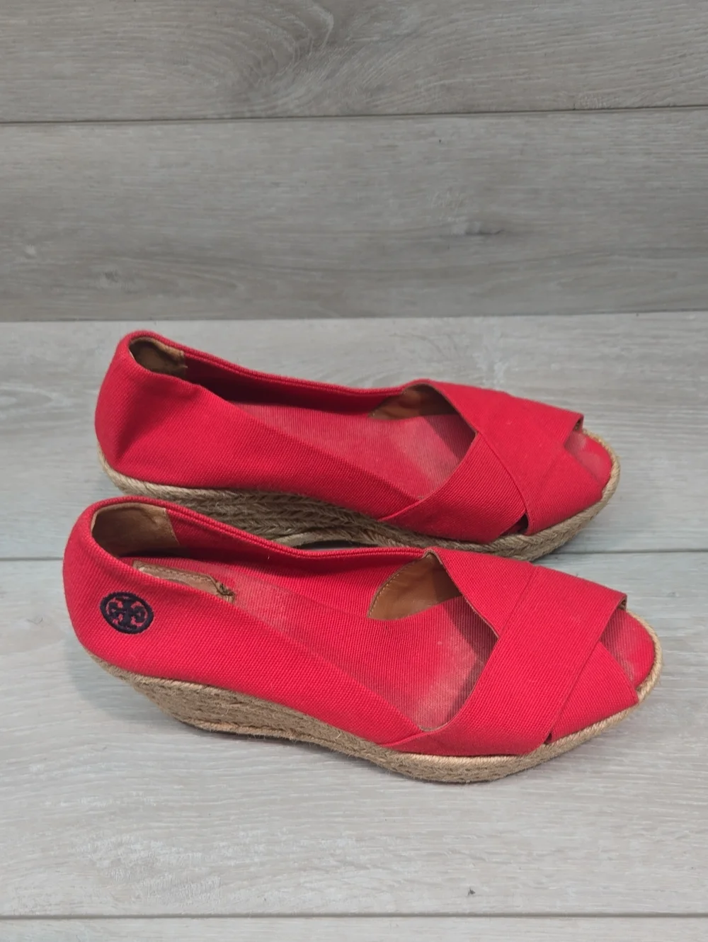 Tory Burch Women Filipa Red  Open Toe Espadrille Wedge Shoes Sandals Sz 8B
